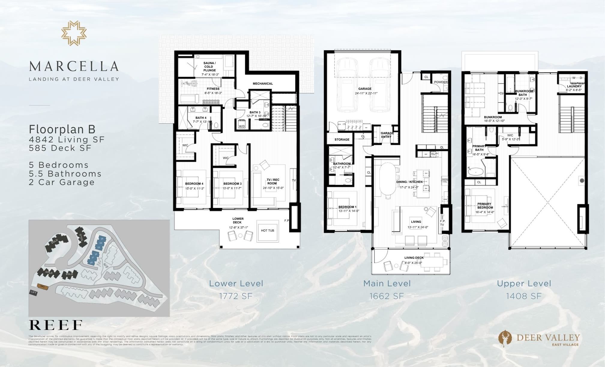 Floorplan B — multi-level diagram showing room layout, square footage per level, and Marcella Landing site plan