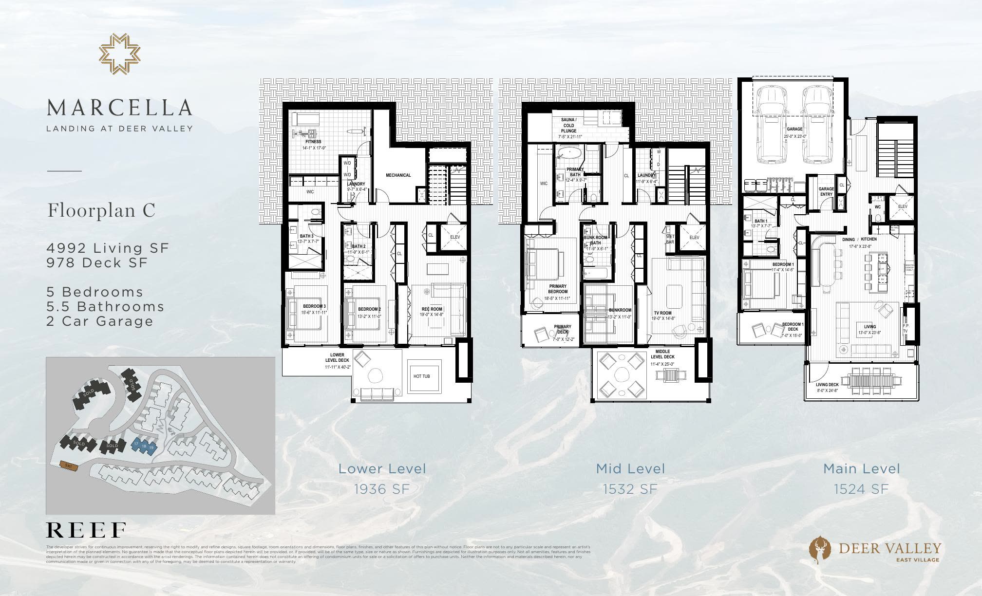Floorplan C — multi-level diagram showing room layout, square footage per level, and Marcella Landing site plan