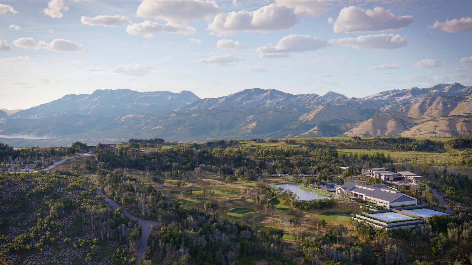 Clubhouse, golf, and racquet courts with the Wasatch beyond