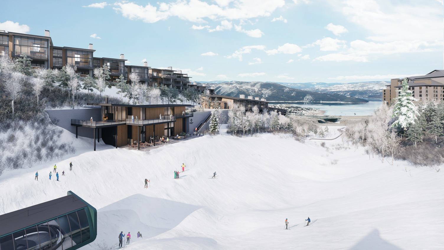 Marcella Landing — winter rendering with skiers, Jordanelle Reservoir below