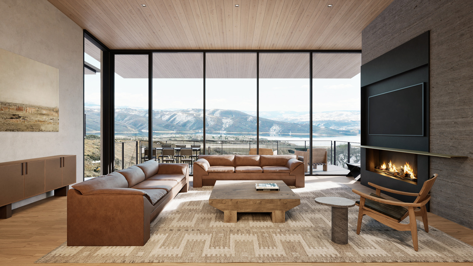 Great room — leather, wood, and floor-to-ceiling Wasatch views
