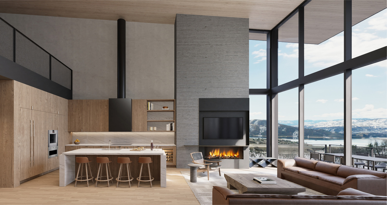 Interior — material palette of wood, stone, and steel