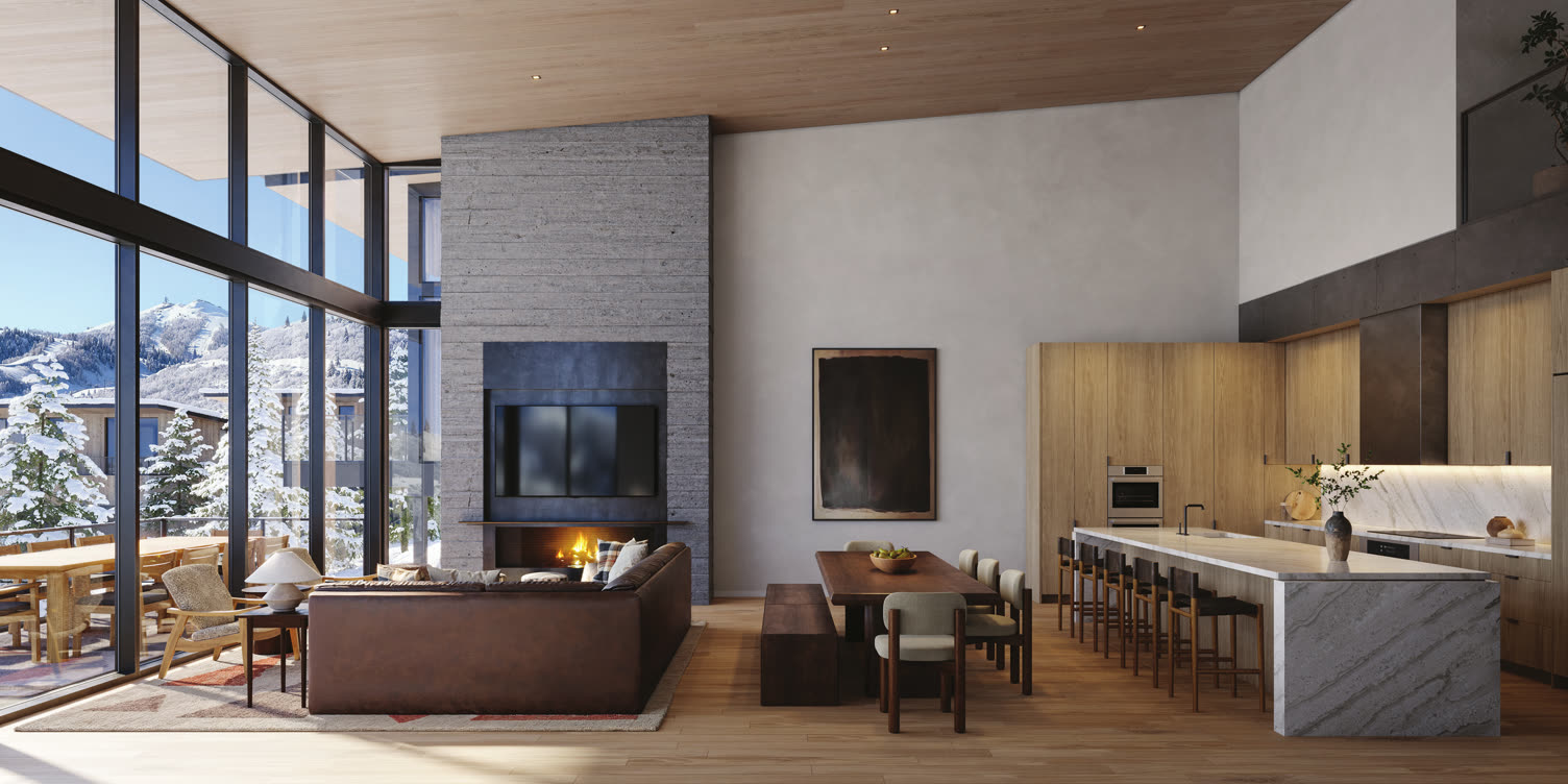 Great room and kitchen in the Late Winter & Spring palette